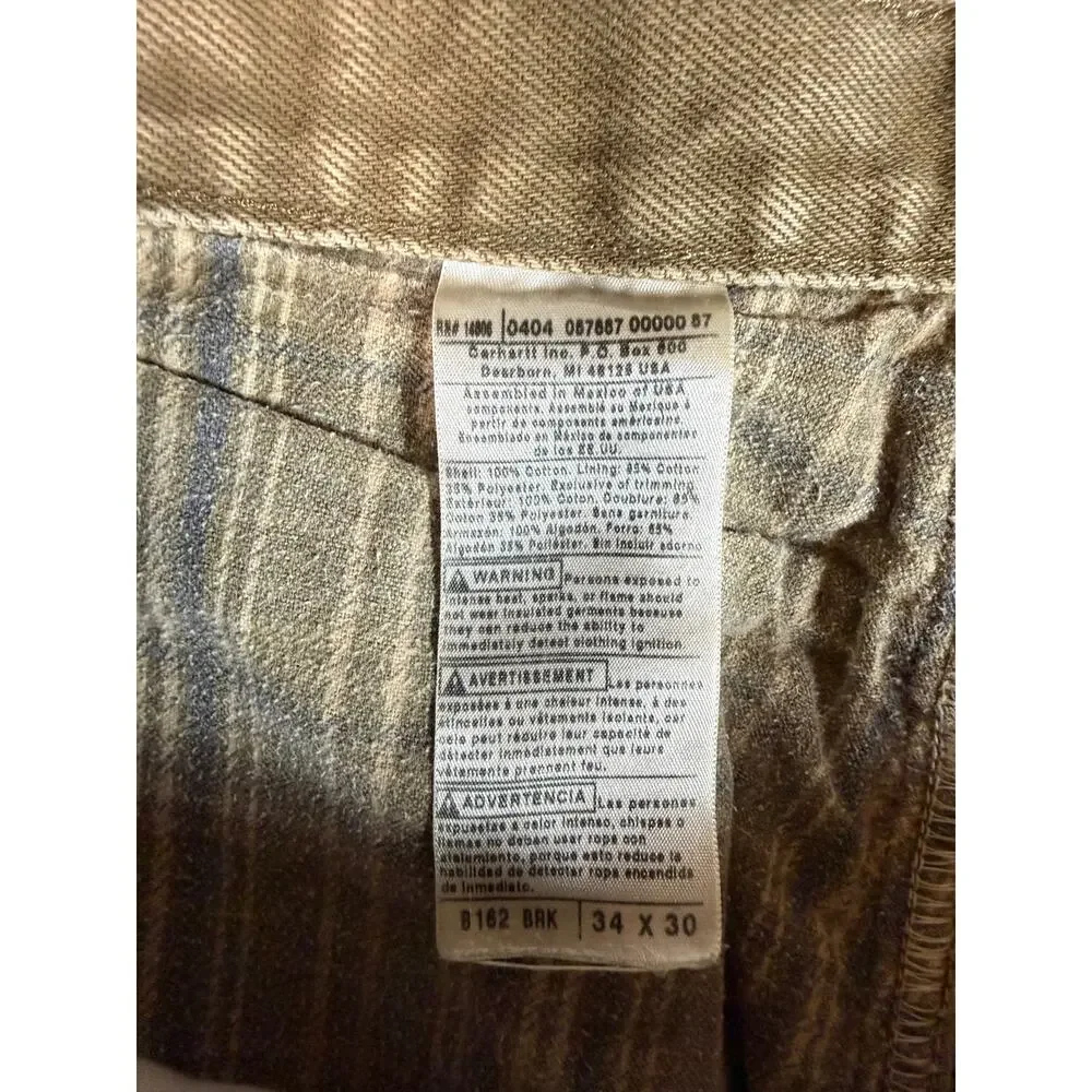 Vintage Carhartt Mens B162 BRK Flannel Lined Tan Brown Denim Pants 34x30